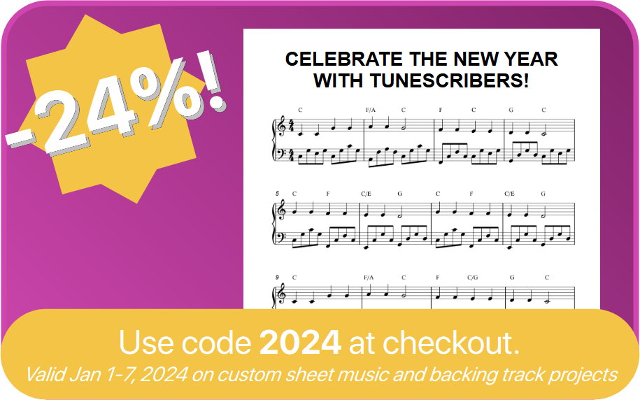 Use code 2024 at checkout to save 24% on all custom sheet music and backing track orders between January 1 and 7.