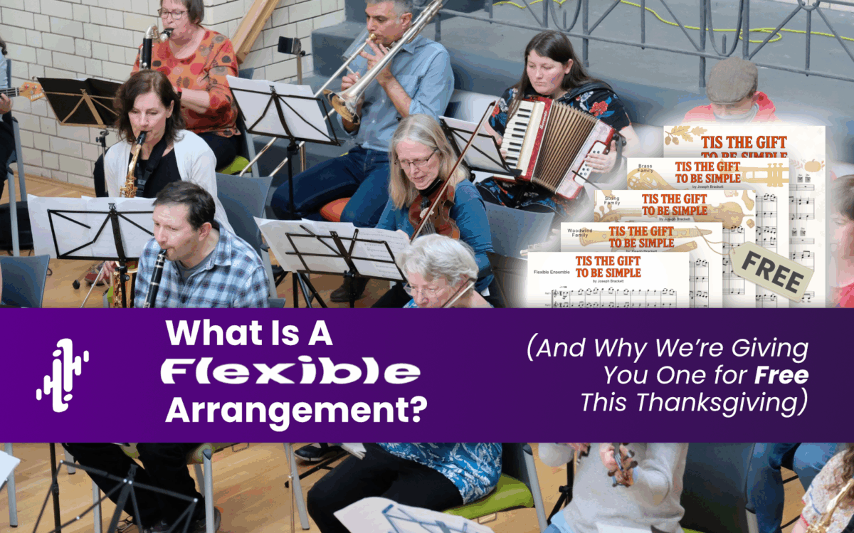 An image of a very mixed ensemble of musicians playing together, with the title "What is a flexible arrangement"