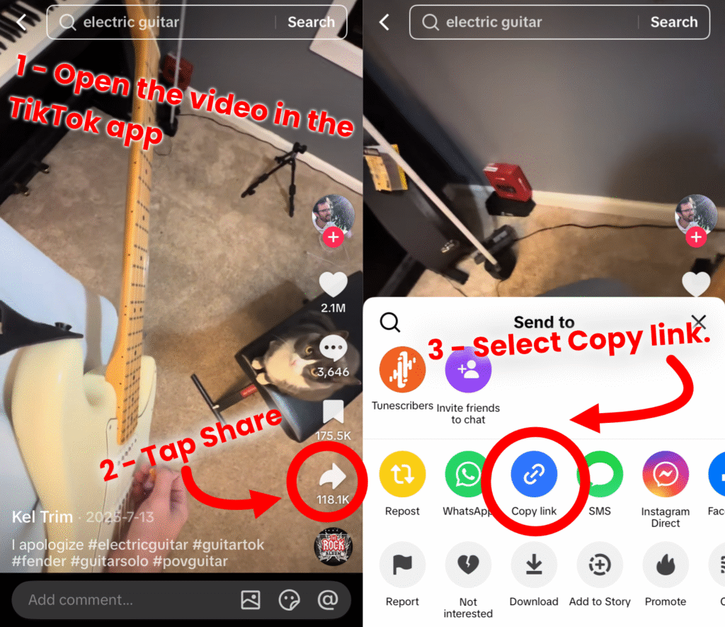 Two screenshots from the TikTok app showing the the steps and buttons required to copy the link to the TikTok video.