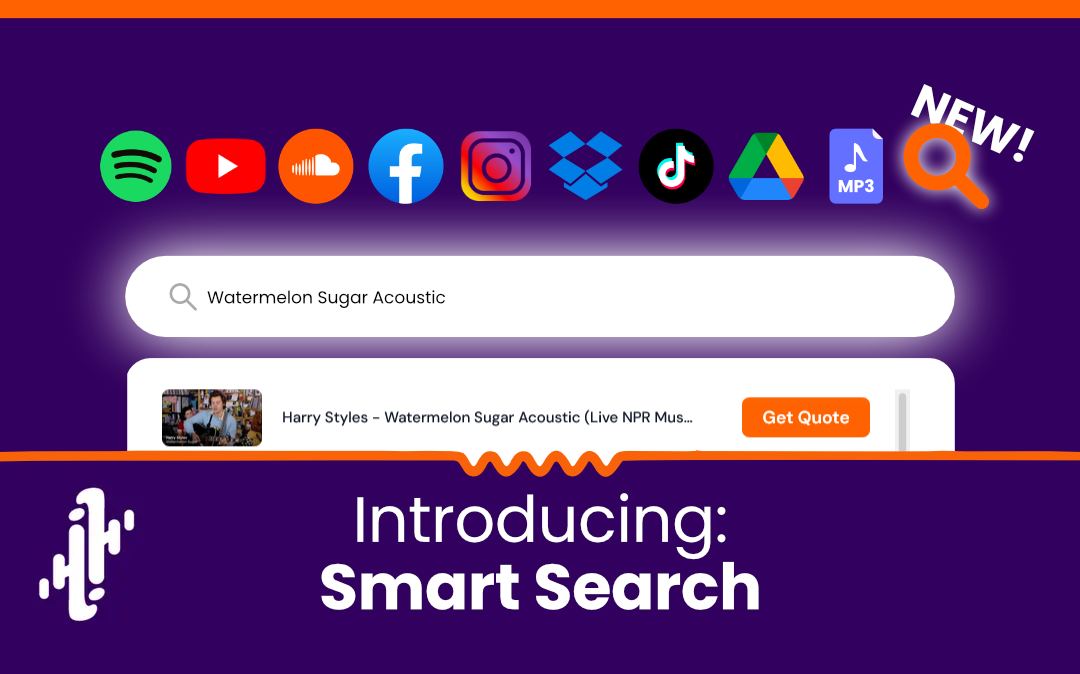 Blog Thumbnail showing the new Smart Search bar on the Tunescribers site. The logos for various audio platforms (YouTube, Spotify, SoundCloud, TikTok, Facebook, Instagram (beta), Dropbox, Google Drive, File upload: MP3/MP4/WAV) and a new Search icon sit above the search bar.